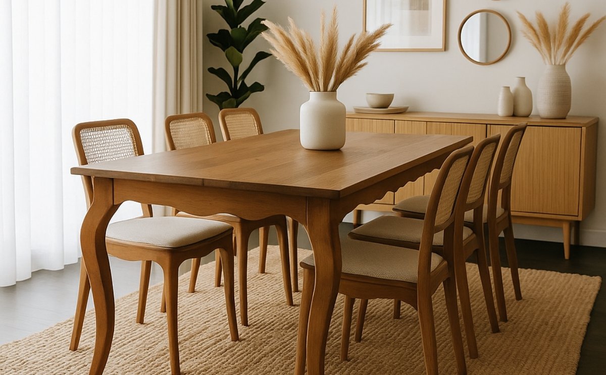 Wooden french table, with 6 chairs, 3 either side of the table