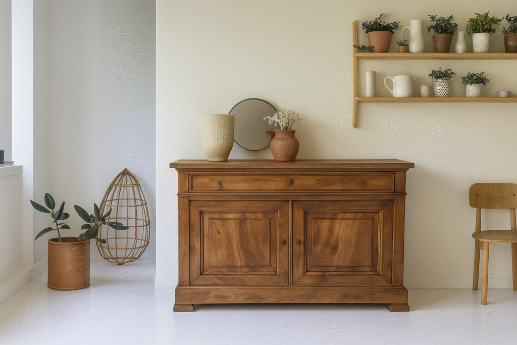 A Louis Philippe buffet in cherry wood, in a pantry against a white wall