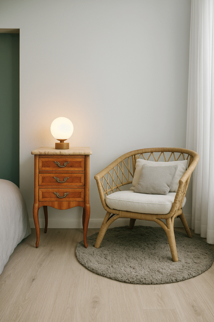 A louis fifteen marquetrie pot cupboard in mahogany wood with a marble top, against a white wall in a bedroom setting, next to the bed