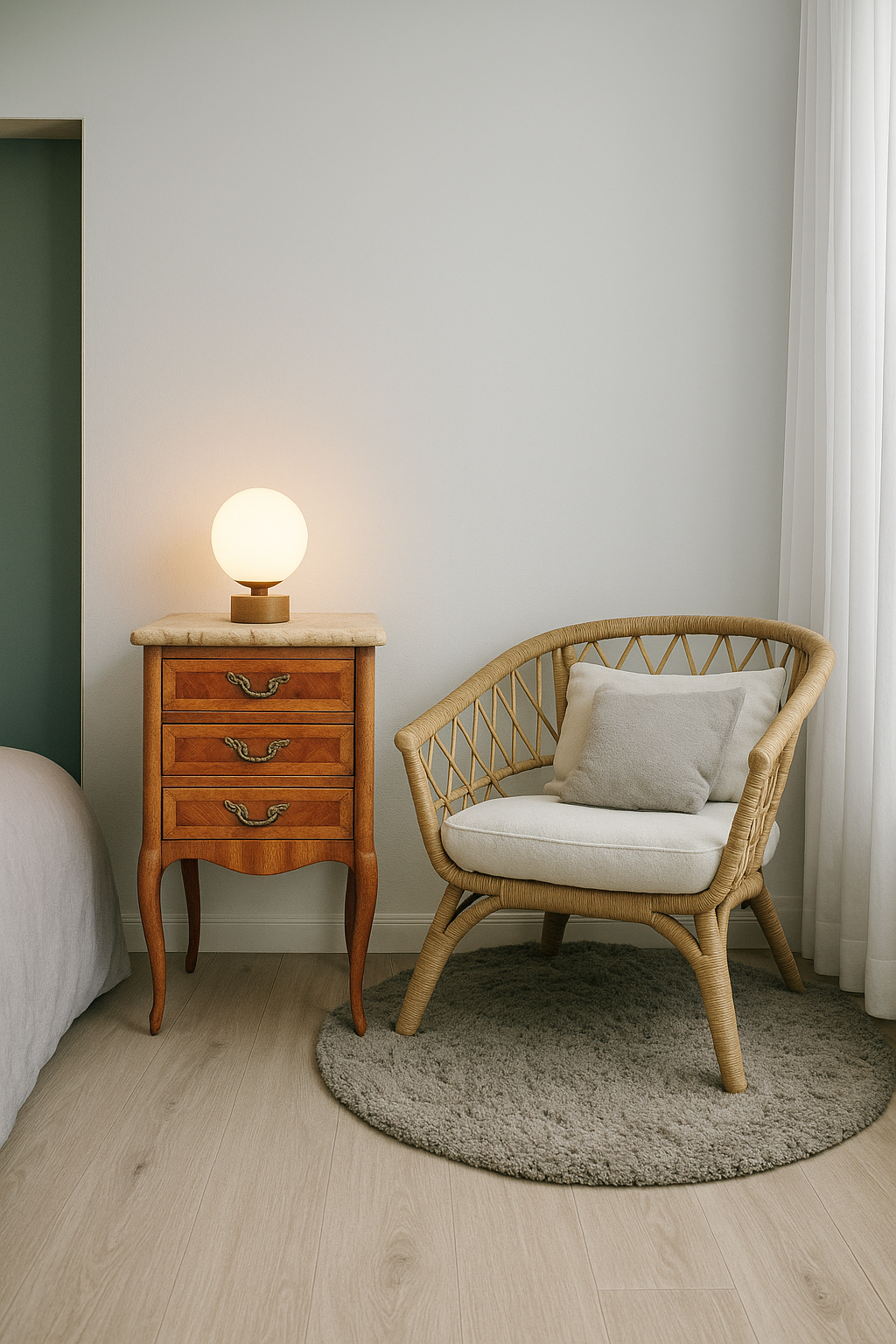 A louis fifteen marquetrie pot cupboard in mahogany wood with a marble top, against a white wall in a bedroom setting, next to the bed