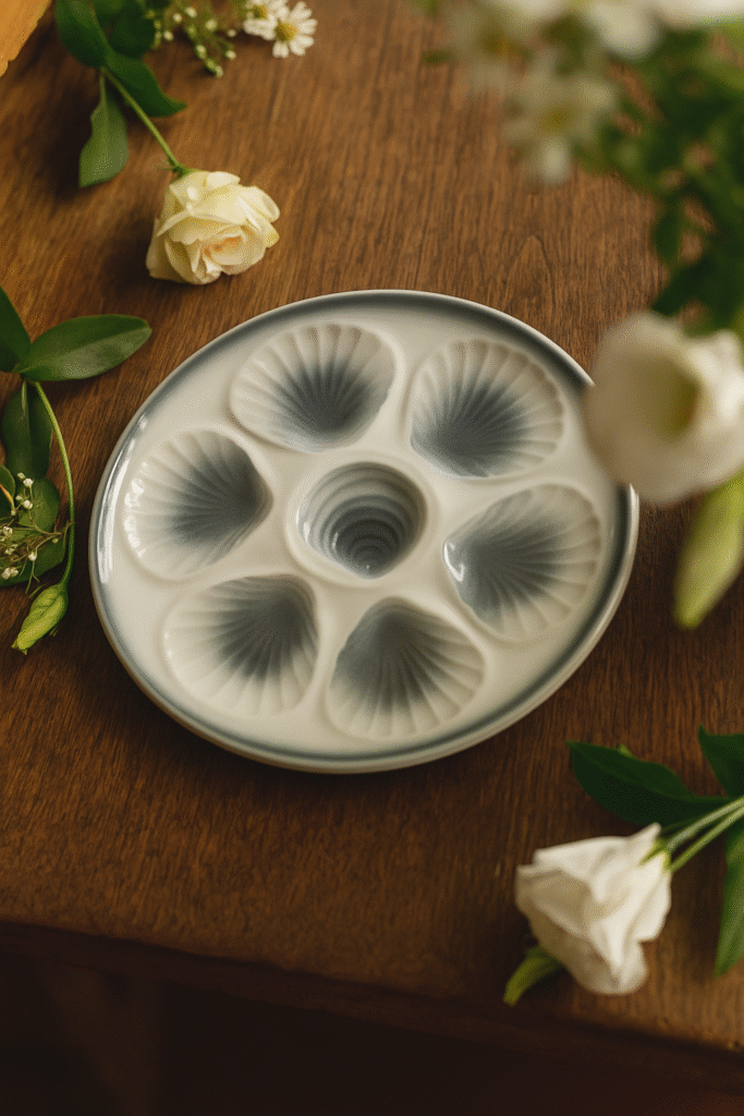 Oyster plate on wooden table with white roses around it