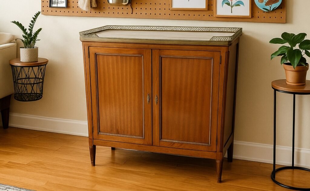A wooden, louis sixteen, french antique buffet, with a white marble top and gallery, against a white wall, next to plants