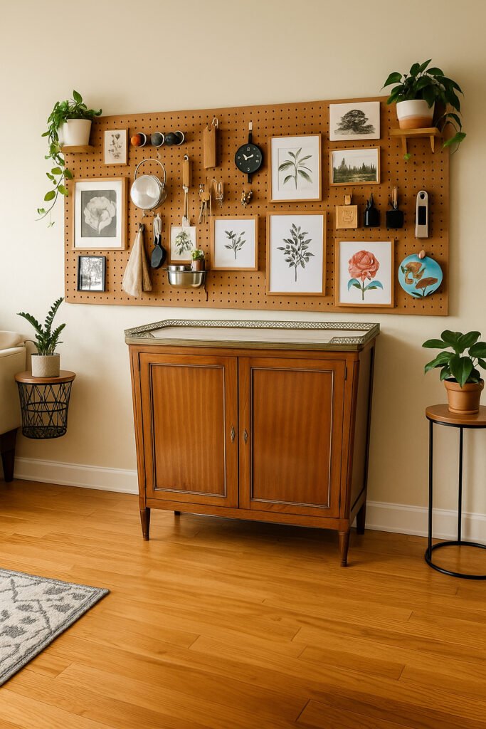 A wooden, louis sixteen, french antique buffet, with a white marble top and gallery, against a board where are hanging plants, pictures frames, utensils.