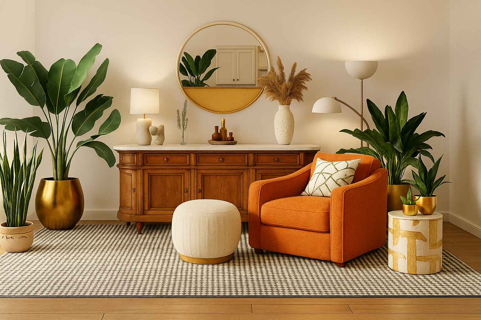 A Louis sixteen sideboard buffet in mahogany wood with a cookie corner white marble top, in a living room setting, surrounded by plants and an armchair