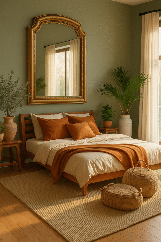 A bedroom, where there is a bed against a green wall, and a louis philippe gilded mirror on the wall