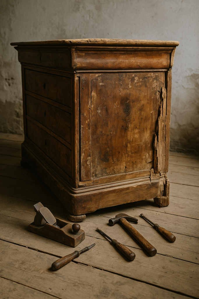 An old piece of french antique furniture that needs repair, with tools on the floor in front of it