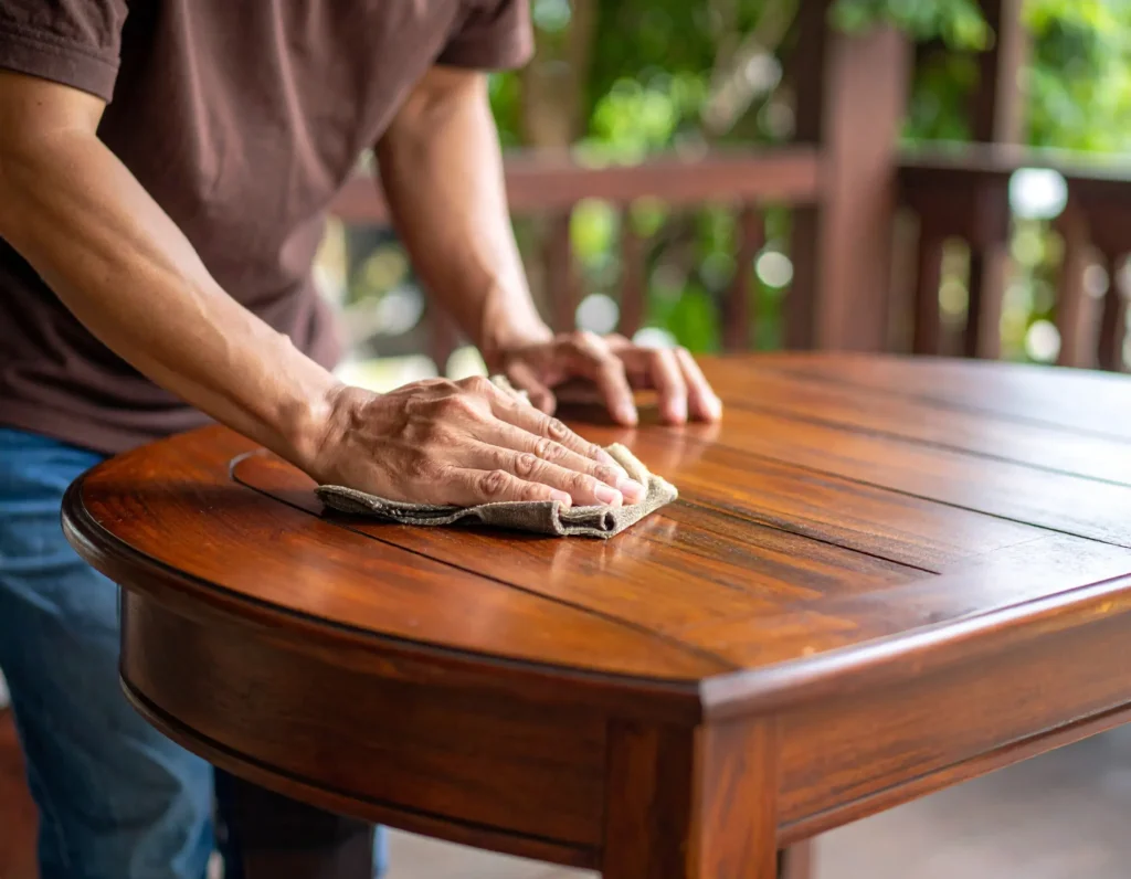 Man polishing a french antique table, focus on the man's hands polishing the wood